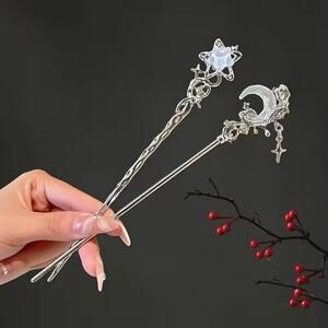 Moon and Star Silver Hair Stick Set – Vintage Metal Hairpin Accessories